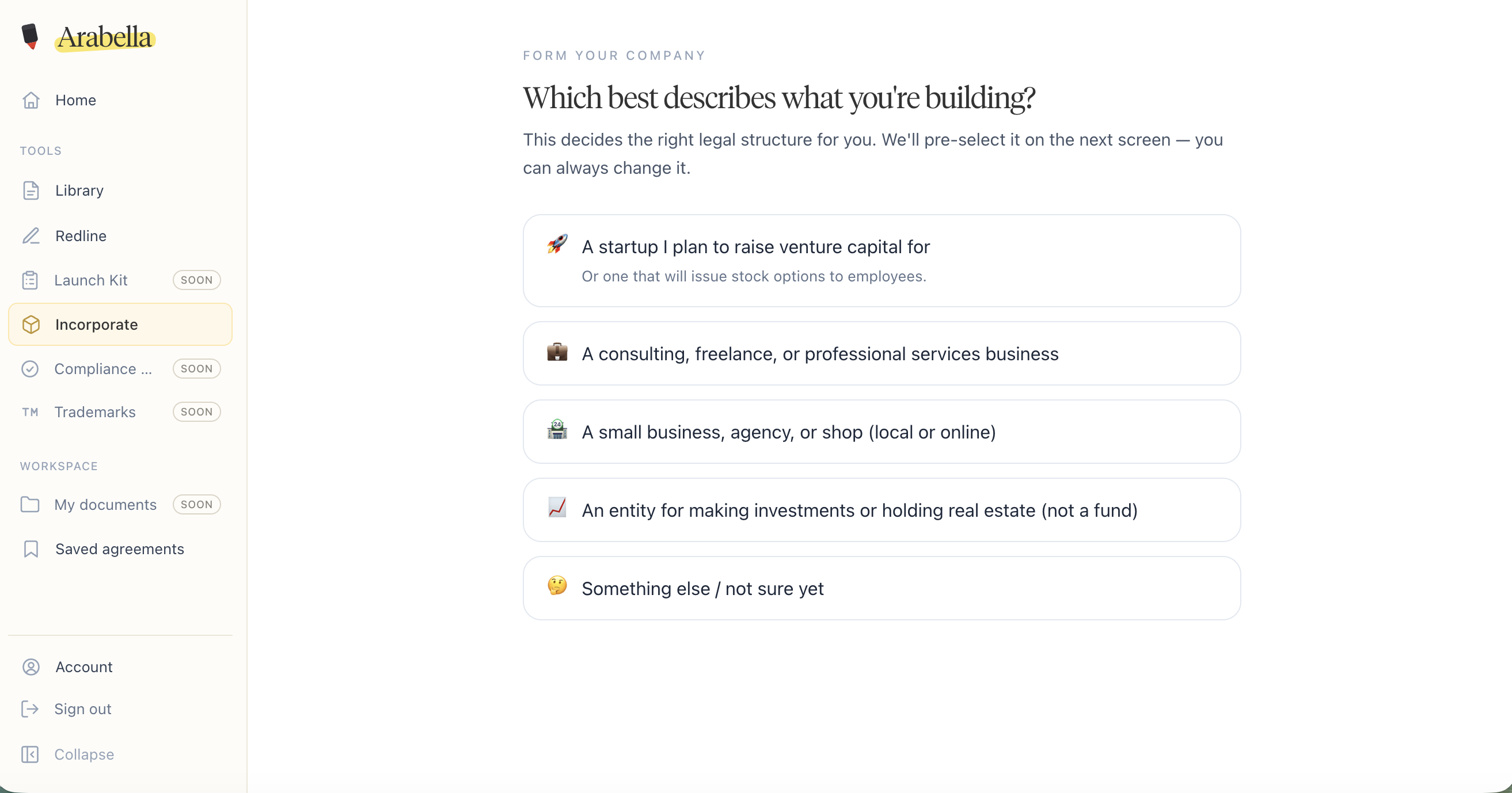 Arabella incorporation flow asking which best describes what you're building, with entity-type option rows to form your company.