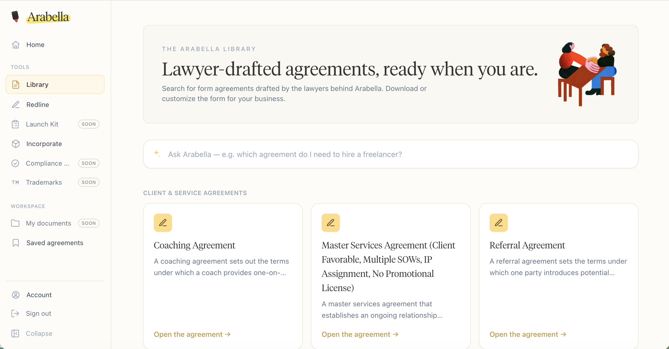 The Arabella contract library: attorney-drafted agreements organized by category, ready to customize question by question.